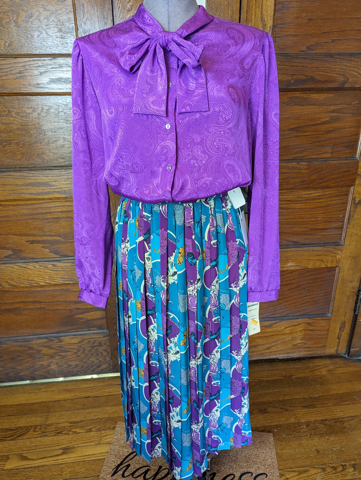 1980s Turquoise Purple Paisley Pleated Skirt