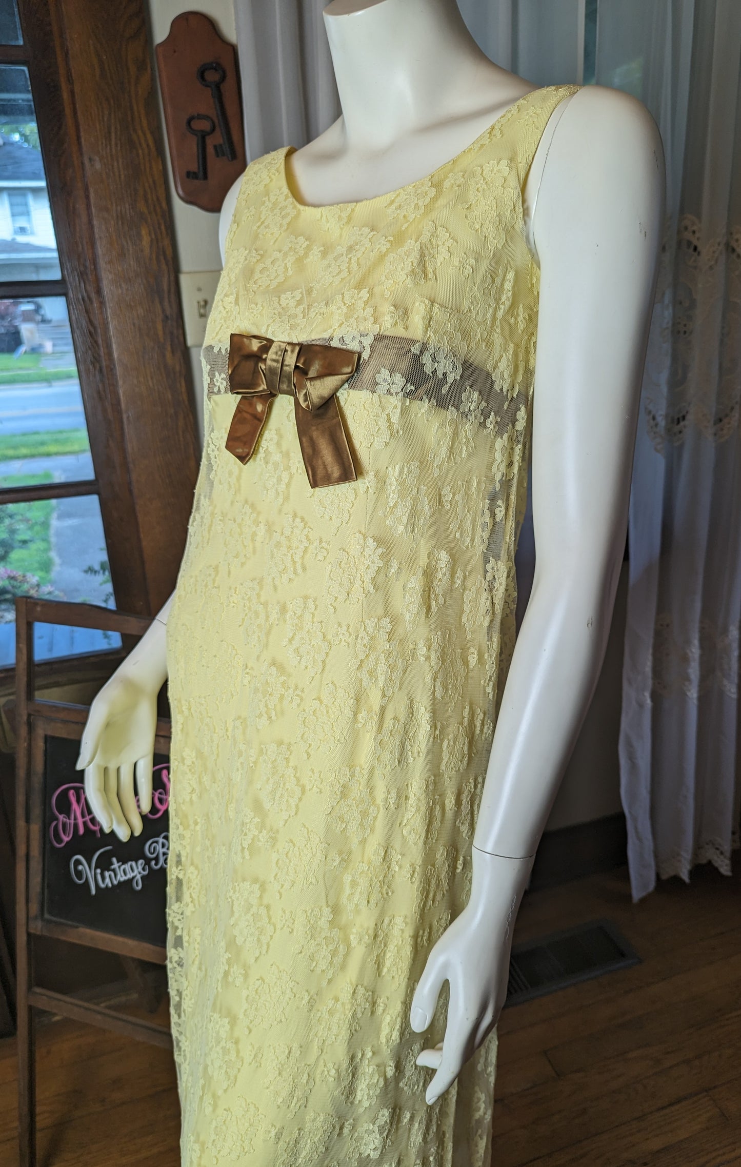 1960s Buttercup Yellow Lace Overlay Prom Dress