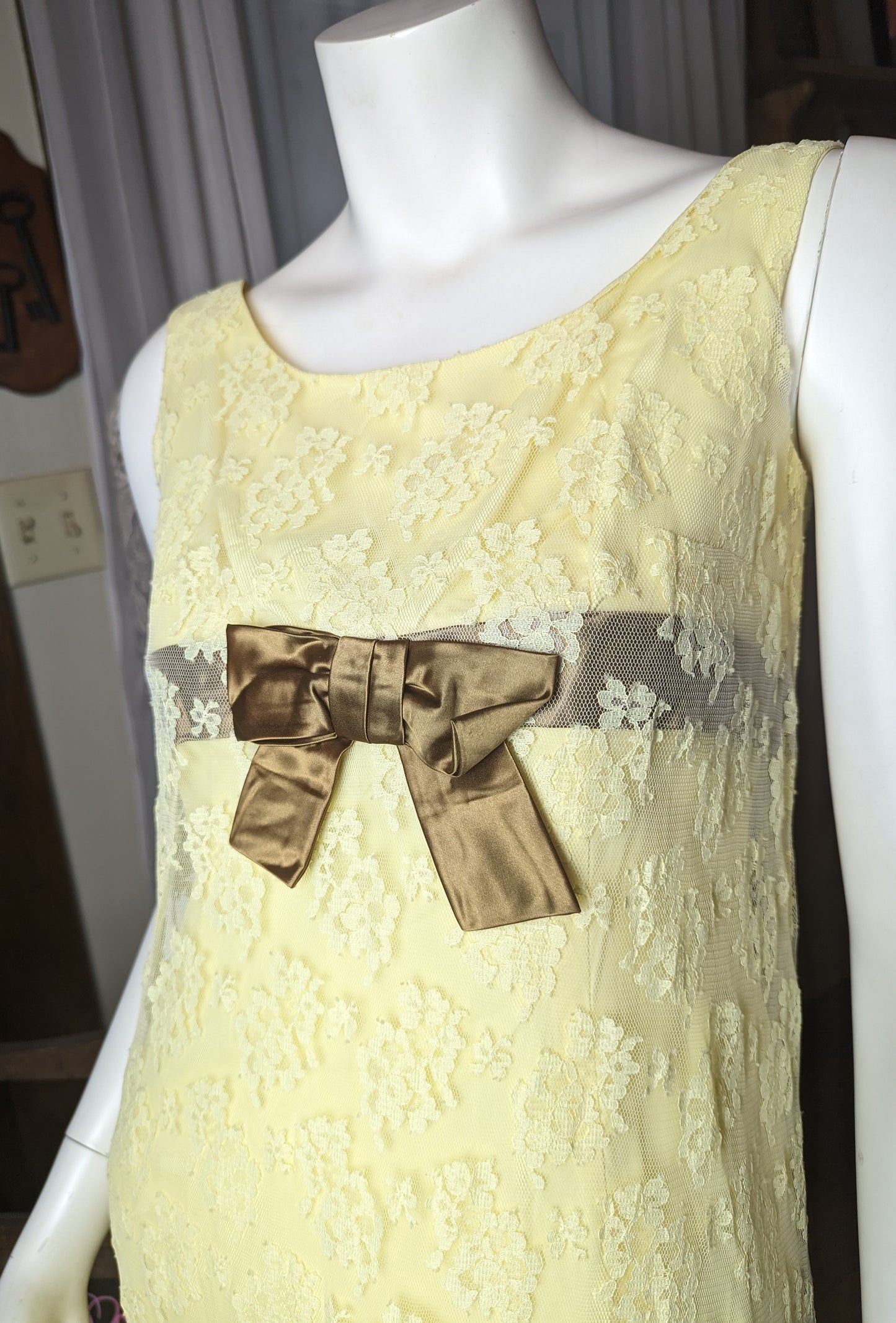 1960s Buttercup Yellow Lace Overlay Prom Dress
